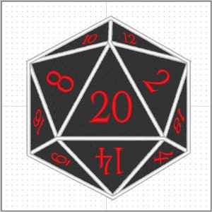 Könnte beinhalten: Ein schwarzer zwanzigseitiger Würfel mit weißen Umrissen und roten Zahlen. Der Würfel zeigt die Zahlen 1, 2, 4, 6, 8, 10, 12, 17, 19 und 20.