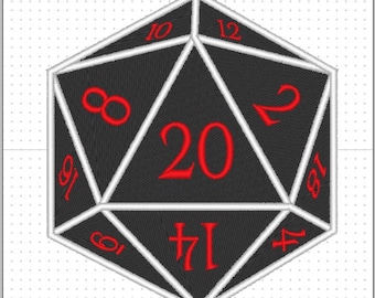 D20 dungeons and dragons RPG dice (2 sizes) patch design. Machine embroidery pattern in the hoop. 4x4 size digital ITH file. Role playing.