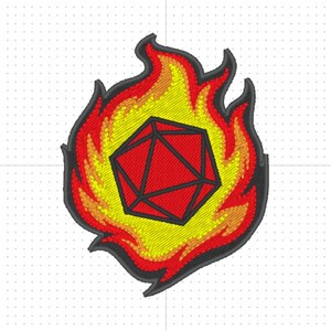 Dice D20 fire and ice (2 variations) dungeons and dragons RPG patch design. Machine embroidery pattern in the hoop 4x4 size digital ITH file
