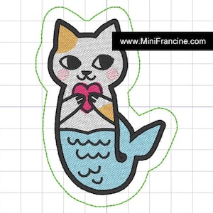 Mermaid Cat Embroidery Design: Kitty Heart Patch, In-the-Hoop (4x4 Digital ITH File)
