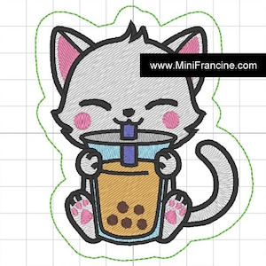 Boba Tea Kitty Cat Embroidery Design: Anime Food Patch (4x4 ITH Digital File)