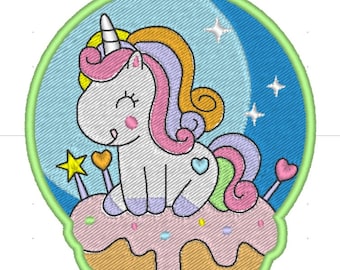 May include: A white unicorn with a pink and purple mane and tail sits on a pink and brown cake with sprinkles. The unicorn has a blue heart on its side and a gold star above its head. The background is a blue sky with a crescent moon and stars.