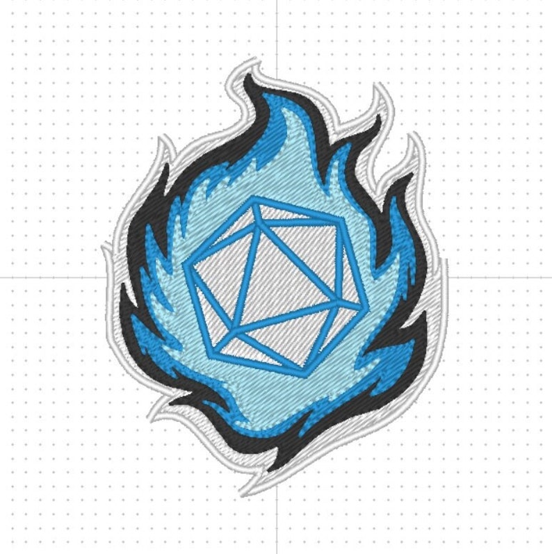 Dice D20 fire and ice (2 variations) dungeons and dragons RPG patch design. Machine embroidery pattern in the hoop 4x4 size digital ITH file