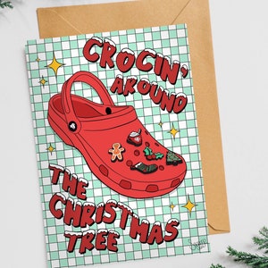 Crocin rond de kerstboom Crocs Wall Art Print, jaren 90 esthetiek, kerstkaart, geheime kerstman cadeau voor haar hem vriend boom Jibbitz A4 A5