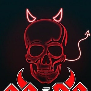 May include: A red neon skull with devil horns and a tail, with the text "AC/DC" in red with a white lightning bolt in the center.