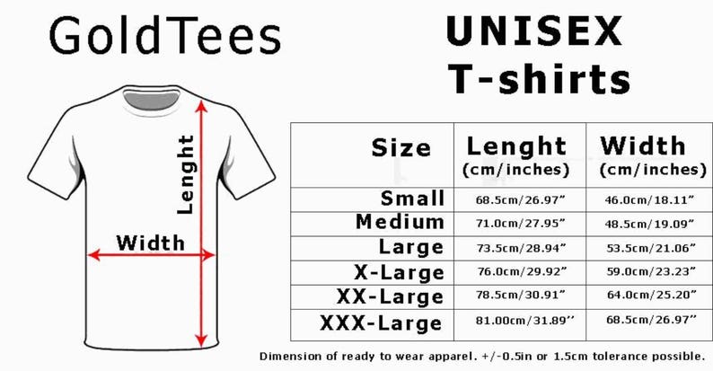 May include: Size chart for unisex t-shirts with measurements in inches and centimeters. The chart shows the length and width of the shirts in different sizes: Small, Medium, Large, X-Large, XX-Large, and XXX-Large.