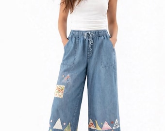 Boho Patchwork Denim Pants: Upcycled  Cottagecore Jeans XL