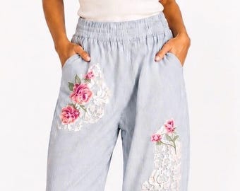 Upcycled bloomer Pants: magnolia flower  applique,  pocket lace Embellished, Elastic Waist