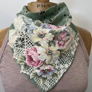 Distressed and embellished green color  bandana , magnolia flower bandana, tattered bandana, country festival, boho chic ooak