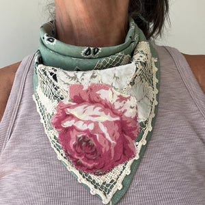 Distressed and embellished blue color  bandana , magnolia flower bandana, tattered bandana, country festival, boho chic ooak