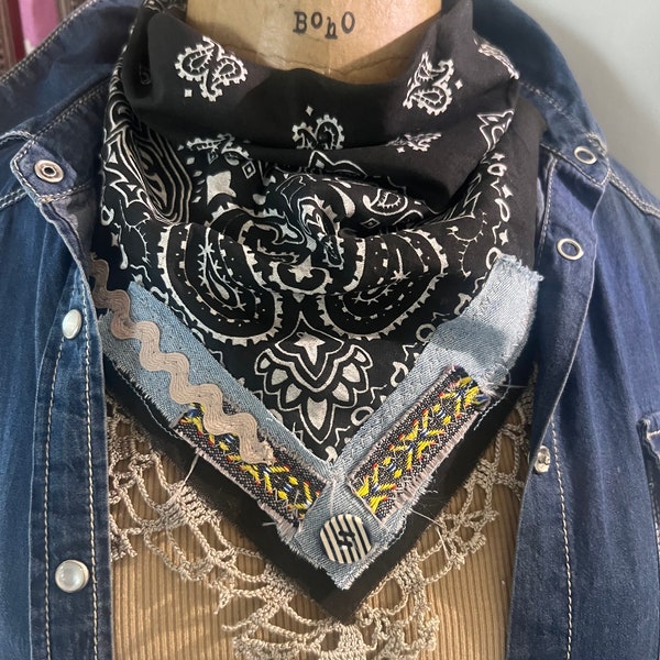 Distressed and embellished black bandana , BoHo western repurposed bandana, tattered bandana, western concert festival fashion, ooak