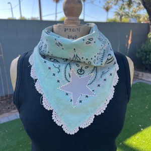 Cowgirl chic distressed and embellished mint green color flower applique bandana , western repurposed tattered bandana festival wear