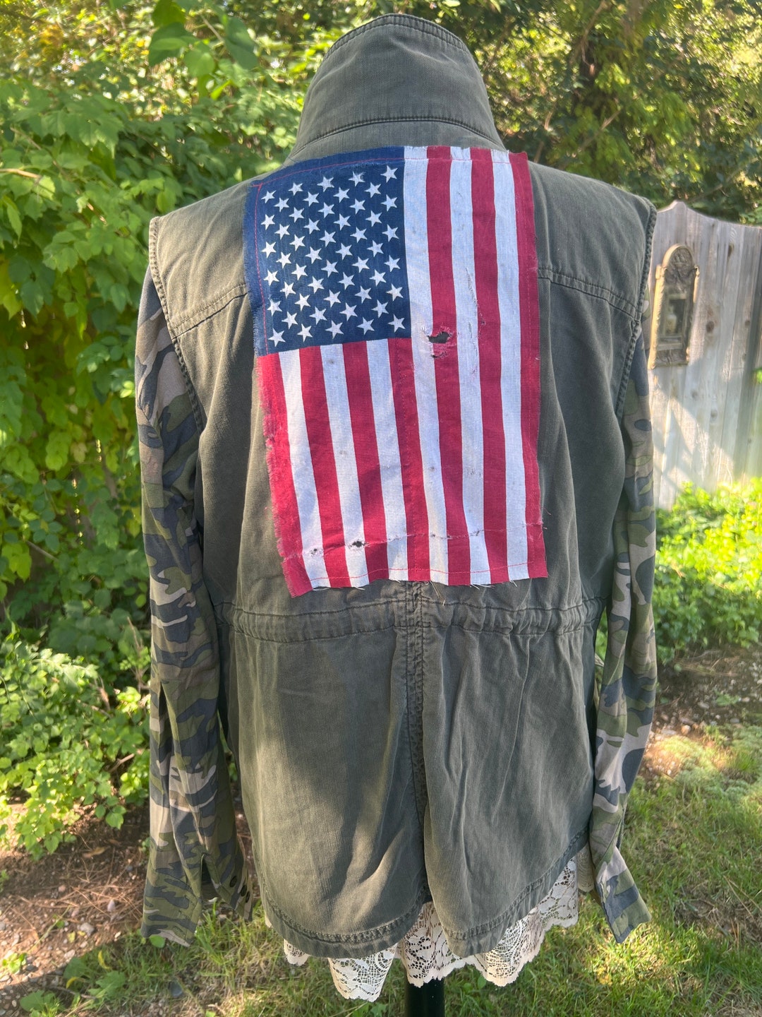 Green Army Coat Altered Army Sleeveless Jacket American Flag Etsy