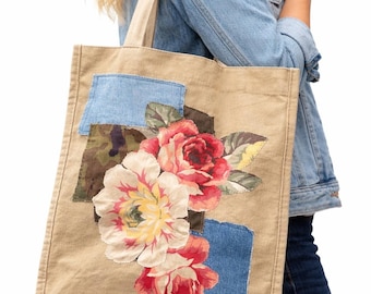 Upcycled market bag, floral applique, cottagecore shabby chic bag