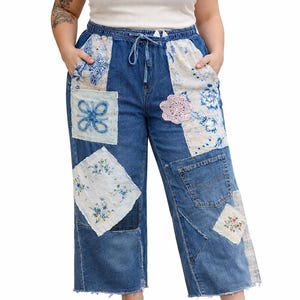 Boho Patchwork Denim Pants: Upcycled Crochet Cottagecore Jeans 1X