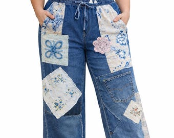 Boho Patchwork Denim Pants: Upcycled Crochet Cottagecore Jeans 1X