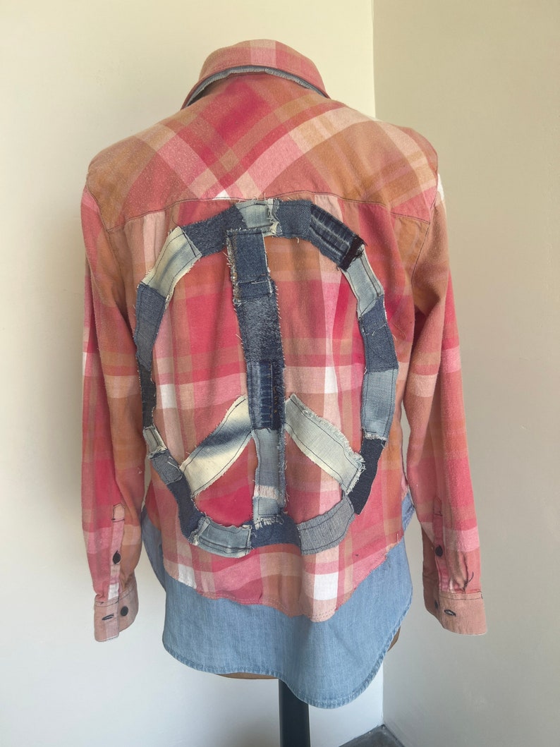 Flannel/denim Shirtbleached Flannel Denim Shirt Sz L Long Etsy