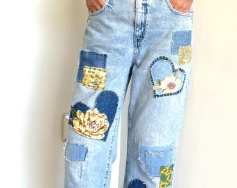 upcycled Pilcro jeans sz 29, embellished, hand embroidered, hearts and flowers