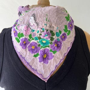 Distressed and embellished purple color  bandana , magnolia flower bandana, tattered bandana, country festival, boho chic ooak