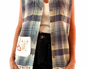 Upcycled Blue Plaid Flannel Overshirt, Patchwork Lace Detail, Boho Cottagecore, SZ XL