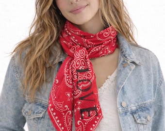 Pañuelo rojo LOVE fino, pañuelo bohemio occidental reciclado, corbata para festival.