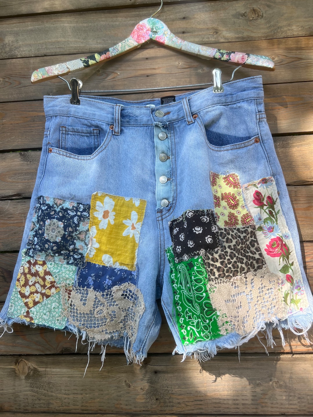 Patched Denim Shorts With Vintage Patches Size 11 Cut Offs - Etsy