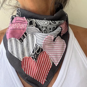 Layering hearts charcoal color  bandana , layered hearts bandana, tattered bandana, country festival, boho chic ooak