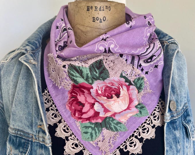 Tattered Distressed Bandana With Lace Detail, Boho Country Western