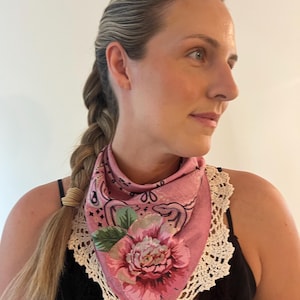 Distressed and embellished vintage lace pink color  bandana , magnolia flower bandana, tattered bandana, country festival, boho chic ooak