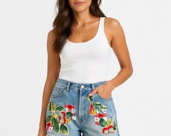 Upcycled Denim Jean shorts: vintage patches, patched denim