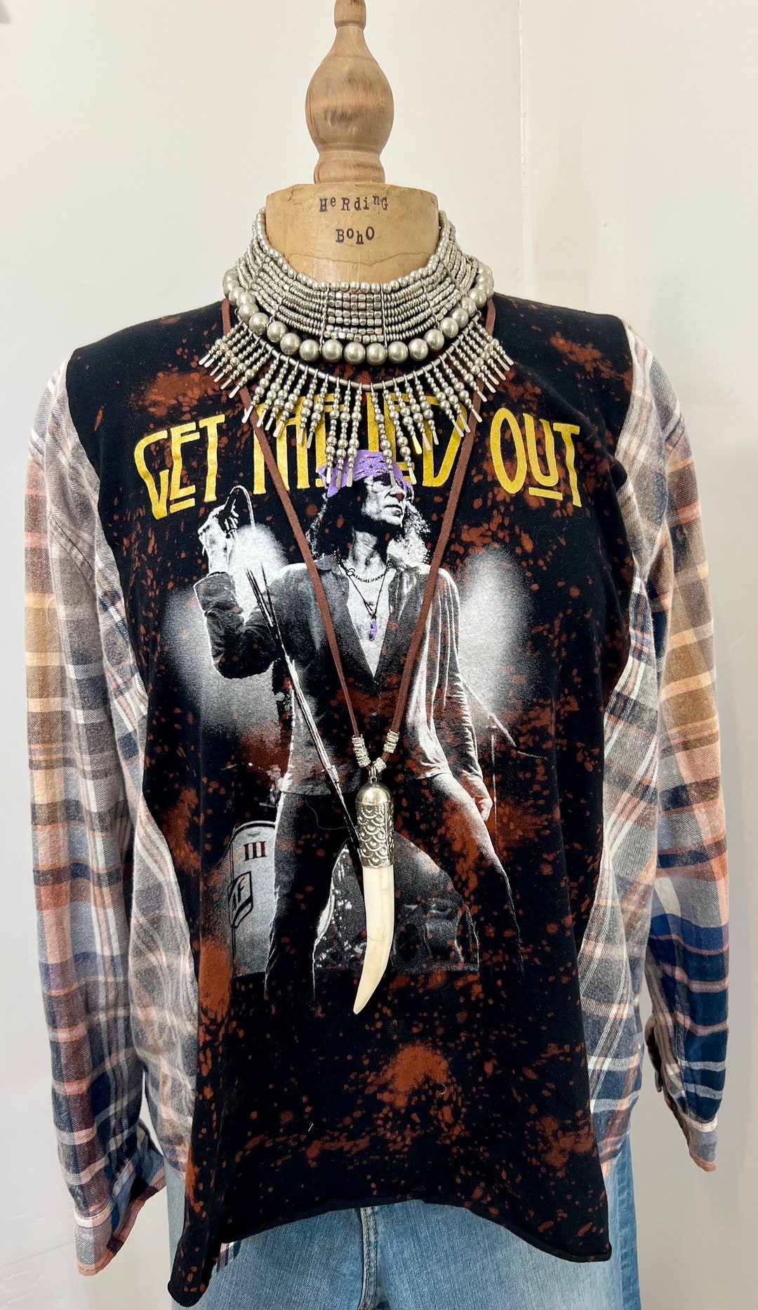 Oversized Reconstructed Grunge Band Tee and Flannel Shirt, Long Sleeve