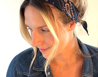 Upcycled Bandana Headwrap: Navy Paisley Cross Patch, Boho Festival Style
