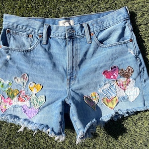 Upcycled Levi Denim Jean shorts: vintage patches, patched denim image 2