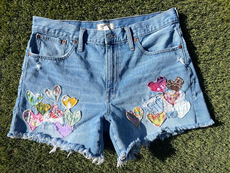 Upcycled Levi Denim Jean shorts: vintage patches, patched denim image 2