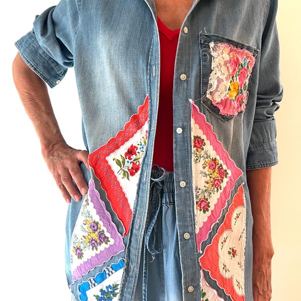 Upcycled Denim Overshirt with Vintage Hankie Patchwork