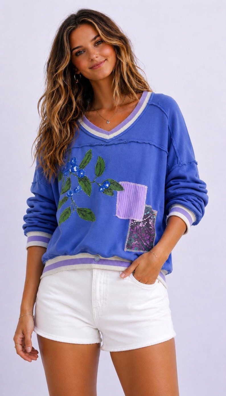 Puede incluir: Una sudadera azul con cuello en V con un dise&ntilde;o de ar&aacute;ndanos y hojas. La sudadera tiene un ribete a rayas blancas y lavanda en el cuello, los pu&ntilde;os y el dobladillo. Parches de tela cosidos en la parte delantera.