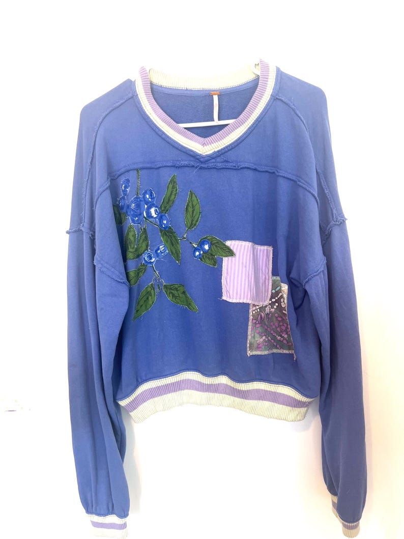 Puede incluir: Una sudadera azul de manga larga con cuello en V y dobladillo corto. La sudadera presenta un dise&ntilde;o de ar&aacute;ndanos bordados y dos parches en la parte delantera. El cuello y el dobladillo tienen detalles a rayas.