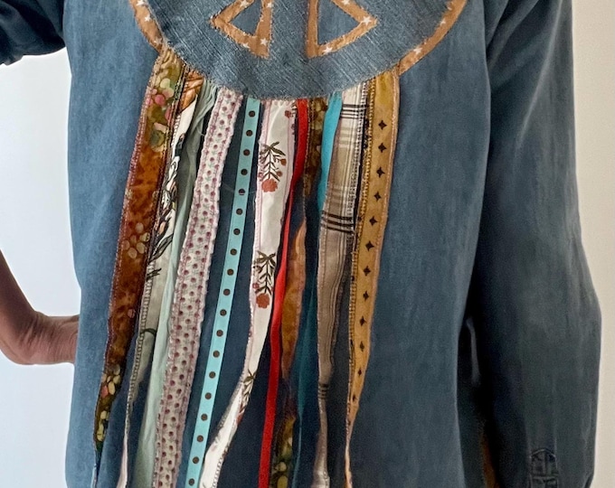 Peace Sign Jean Shirt Button Down With Patches, Boho Hippie Festival ...