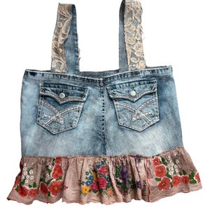 Denim top made from upcycled jeans with denim straps covered in lace and a hanky ruffle  on the bottom, Super feminine BoHo festival top