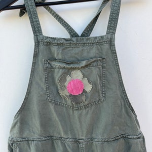 upcycled Aerie khaki green embellished overalls, camouflage flower applique embellished overalls, size M green overalls, lightweight overall