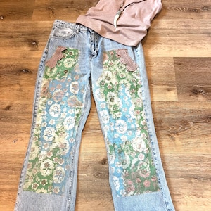 Upcycled BDG denim jeans size 32 (see measurements) embellished vintage lace patches Boho hippie festival jeans one of a kind