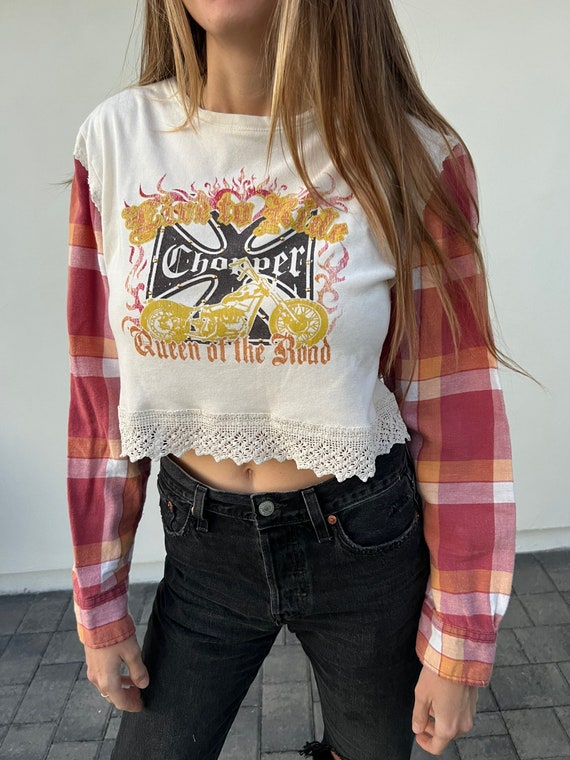 Cropped Biker Tee Embellished With Vintage Lace and Flannel 