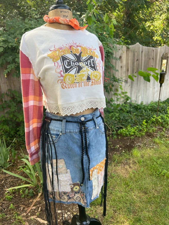 HerdingBoho Cropped Biker Tee Embellished with Vintage Lace and Flannel Sleeves, Biker Chick Chic, Upcycled Biker Tee, Upcycled Flannel
