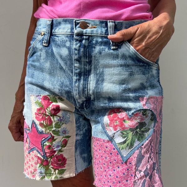 upcycled Wrangler shorts with floral and lace patches, Boho shorts  festival jeans ripped hippie jeans, repurposed denim,pink patches
