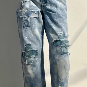 Cross patched size 34 boho jeans, cross painted patch jeans, boho hippie upcycled festival jeans, jeans embellished with patches