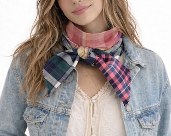 Patchwork scarf, mixed plaid cottagecore flannel cozy scarf, reversible