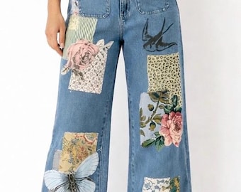 Upcycled ROLLAS Patchwork Jeans: Boho Festival Denim, Size 28