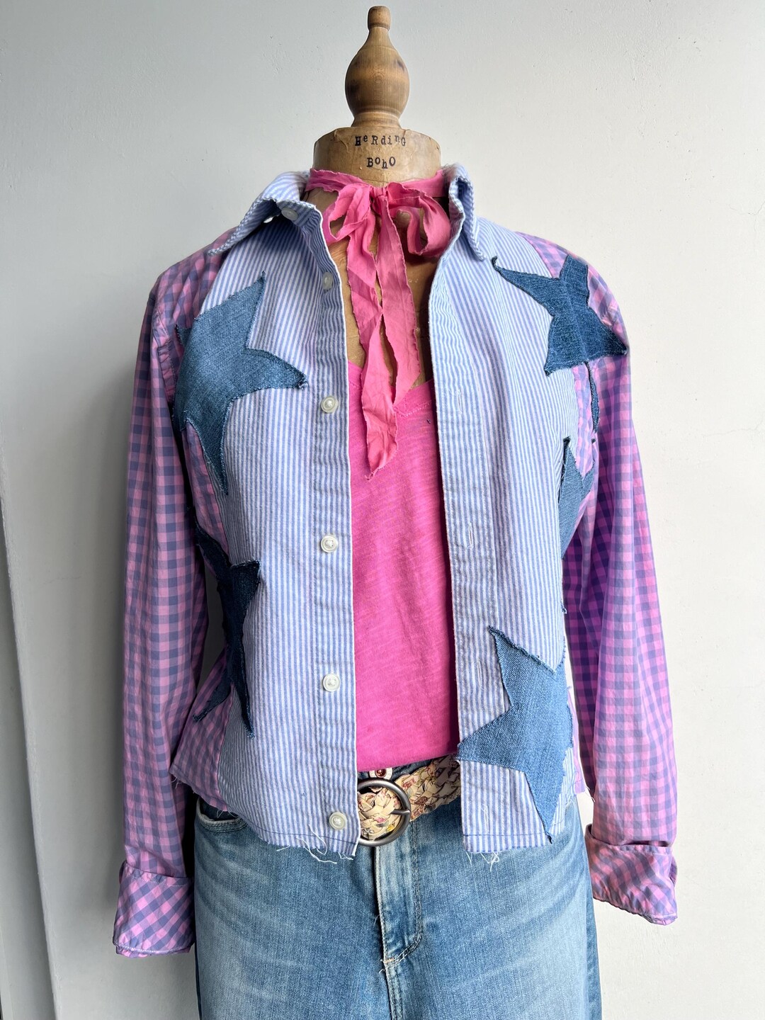 Star Patch Cropped Mens Dress Shirt Trendy Upcycle, Boho Chic Unique ...