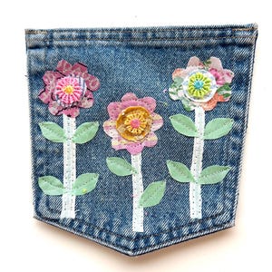 Upcycled denim pocket with vintage floral appliques , sew or glue on junk journal pocket patches