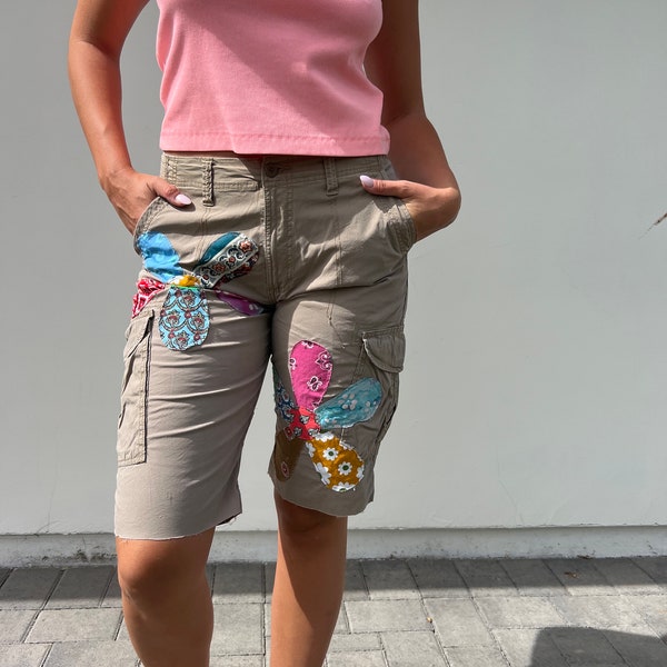 Embellished cargo shorts , upcycled Lee tan long length womens cargo shorts, summer cargo inspo shorts, cargo cut off shorts with flower